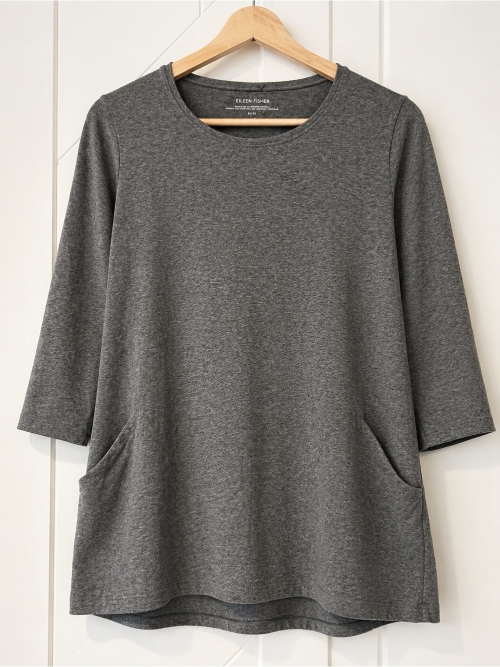 Eileen Fisher Organic Cotton Tunic Top Gray 3/4 Sleeve Pockets M